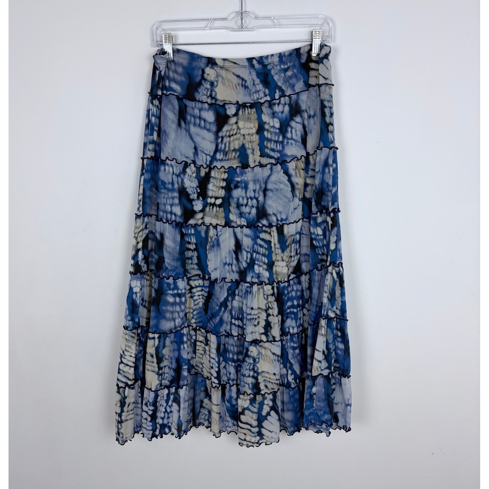 JM Collections Blue Tie Dye Tiered Maxi Skirt Boho Vibrant Fairy Mesh Medium
